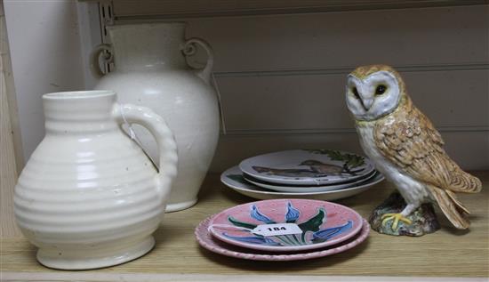 A Beswick large owl, a Brannam Arts & Crafts cream-glazed pottery two-handled vase and sundries